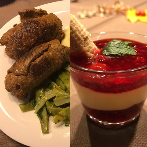 Rouladen, Kartoffelbrei und Bohnen sowie ein Dessert